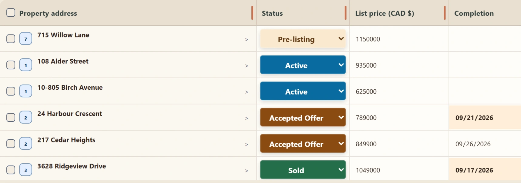 Actual CORBDAY property records: listing rows on desktop and readable property cards on phone